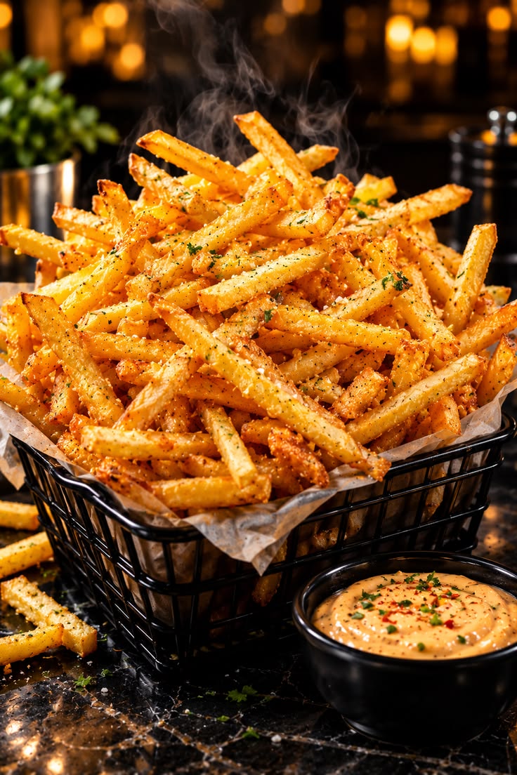 Golden herb fries served with spicy dipping sauce